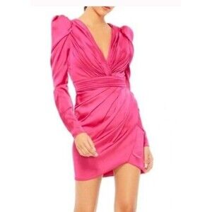Ieena for Mac Duggal Mini Dress Hot Pink Puff Sleeves Ruched Coctail Womens 8